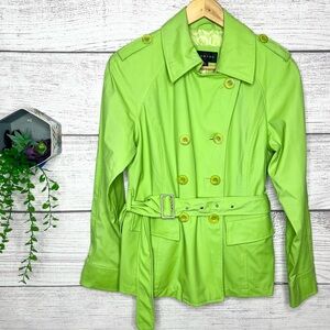 Vintage Braetan Bright Lime Green Double-Breasted Belted Trench Coat Size Small